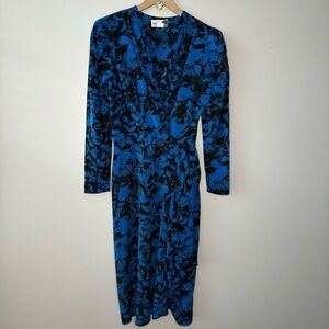Vintage Dress 10 Midi 80's Blue Black Midi Faux Wrap Retro Whimsygoth Indie Glam
